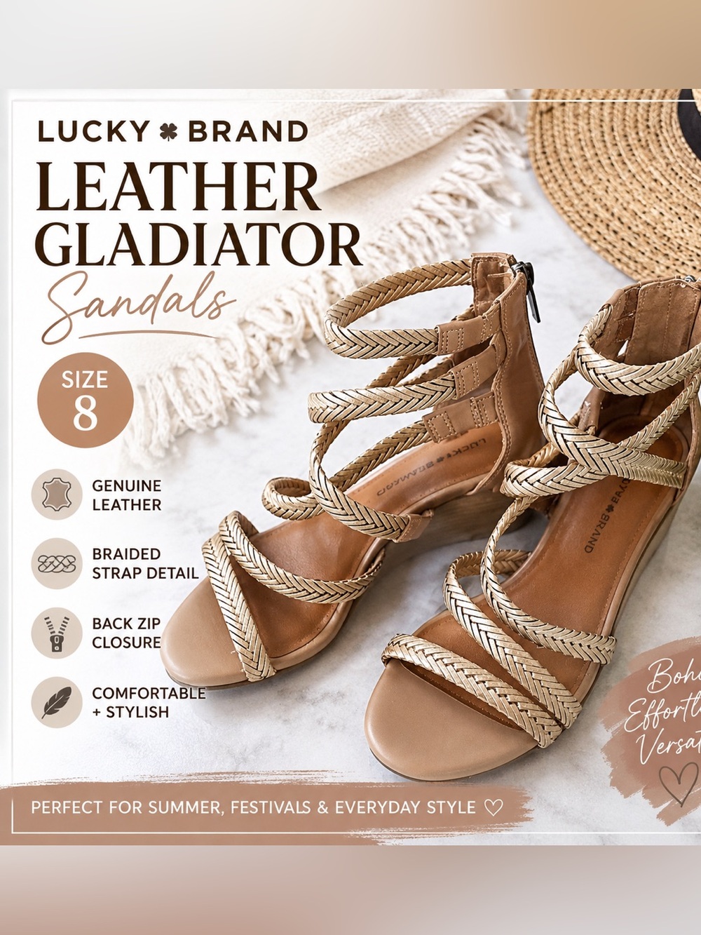 Lucky Brand Leather Gladiator Sandals Size 8 Boho Strappy Zip Back EUC